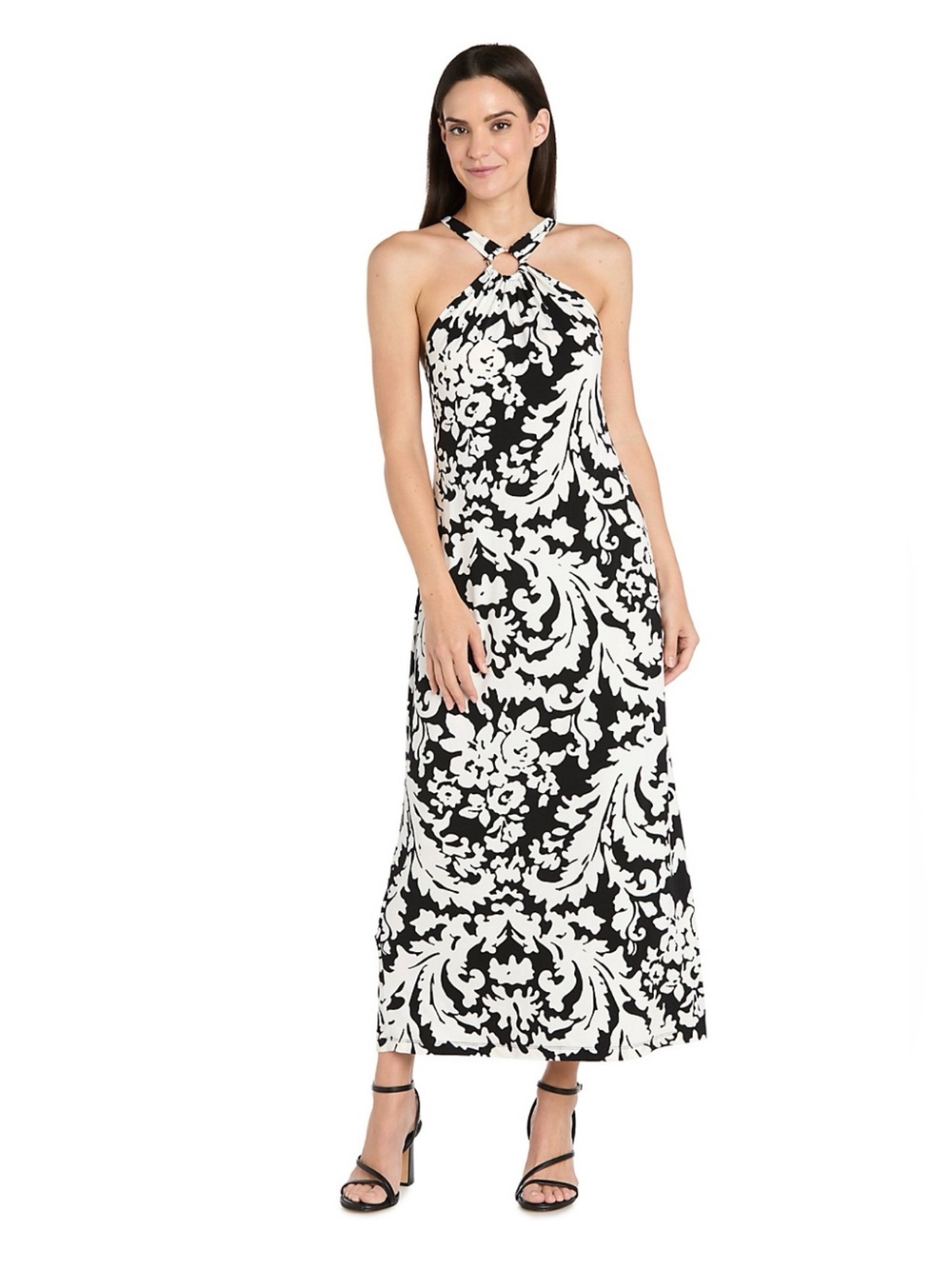 R & M RICHARDS Black & White Halter Maxi Dress with Floral Scroll Print. NWT